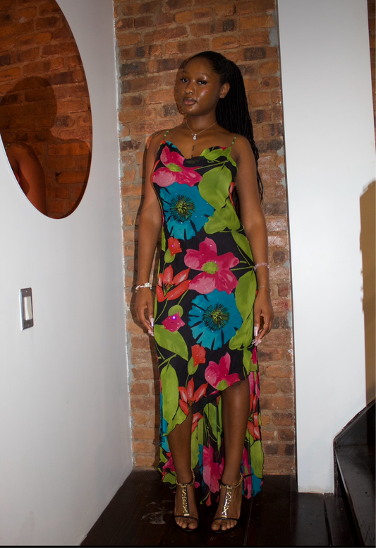 Cache Floral Silk Cowl Neck Maxi Dress